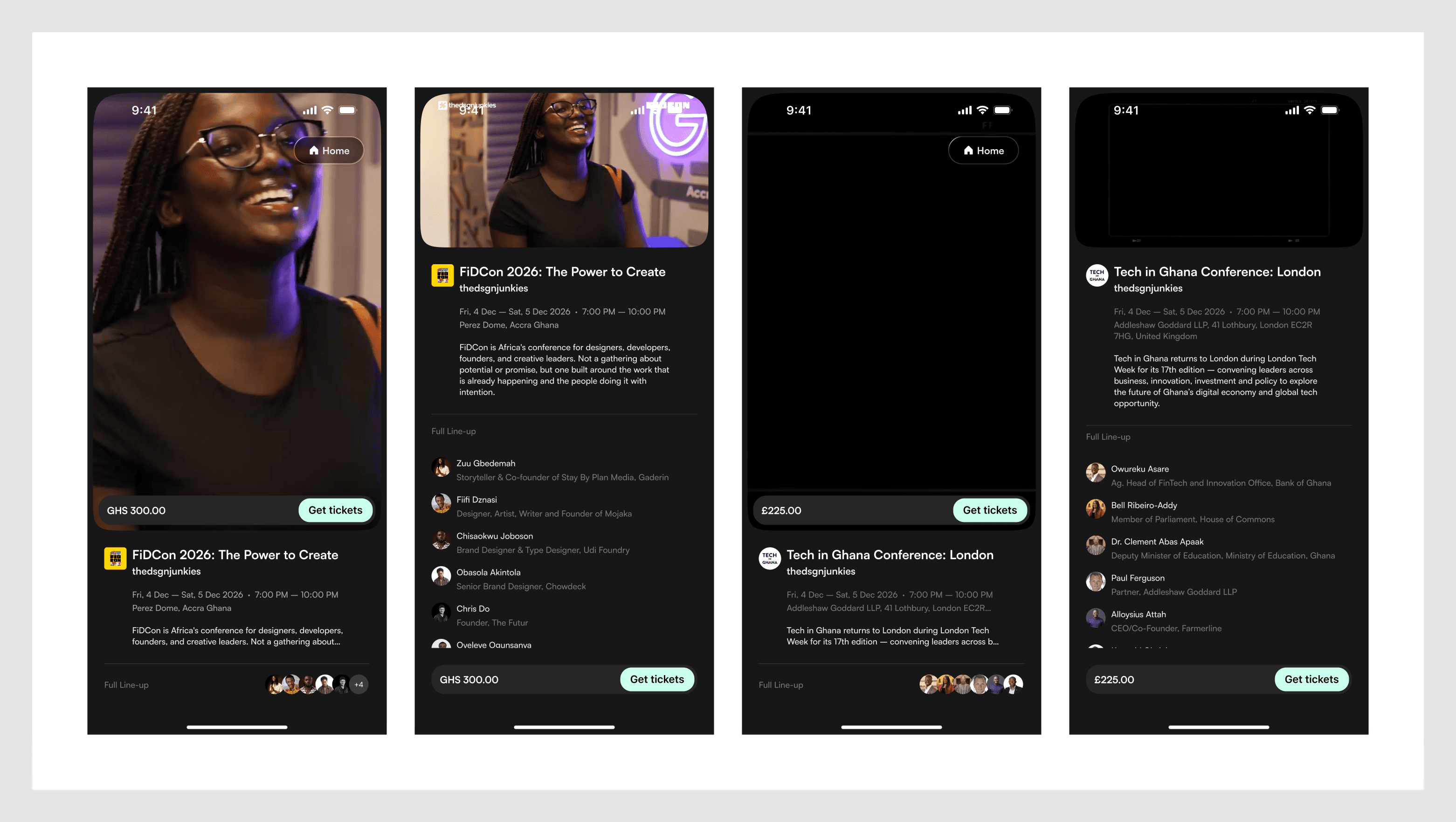 Feed and event detail screens