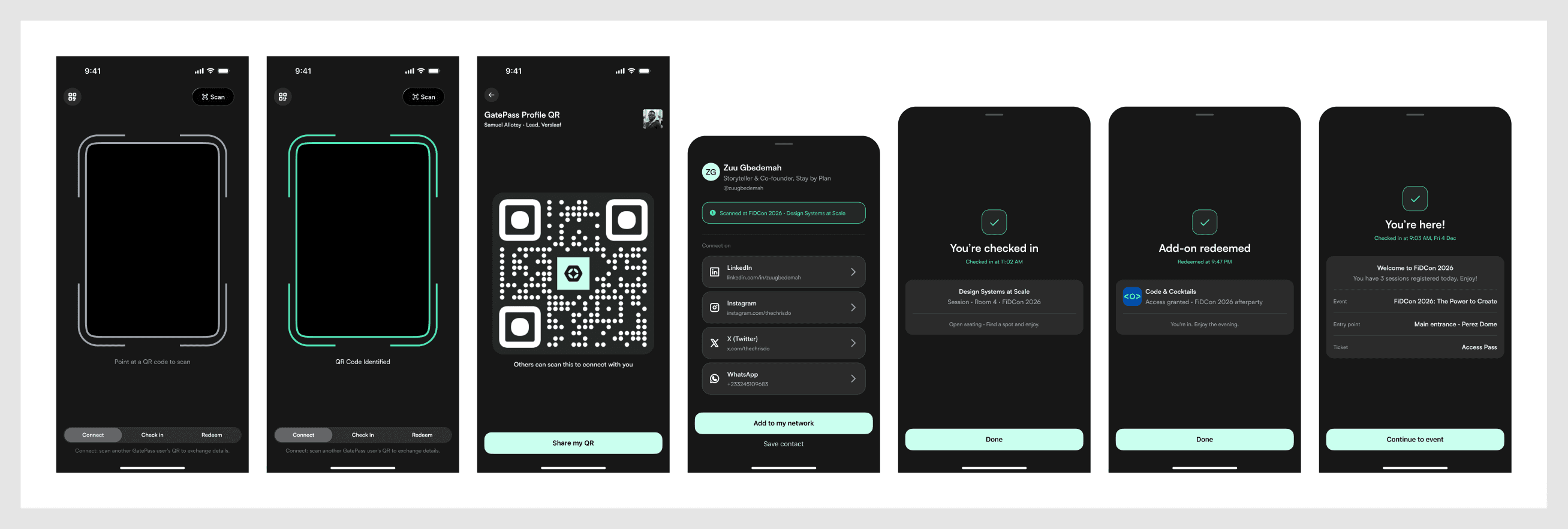 Scan, consumer mode: context selection, connect, and check-in results