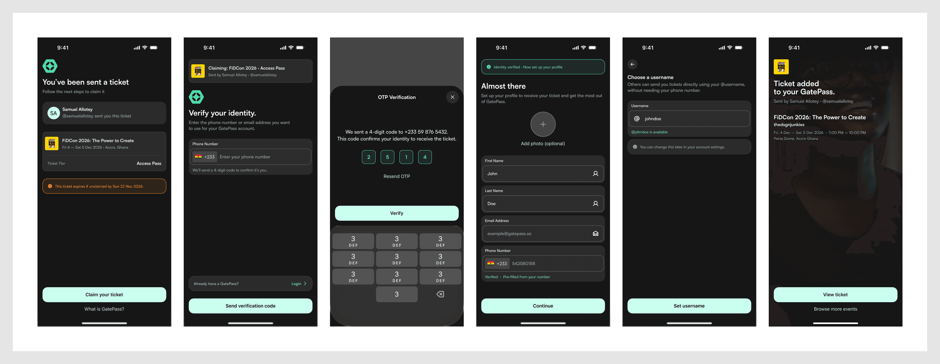Ticket claim flow: landing, identity verification, profile setup, and confirmation