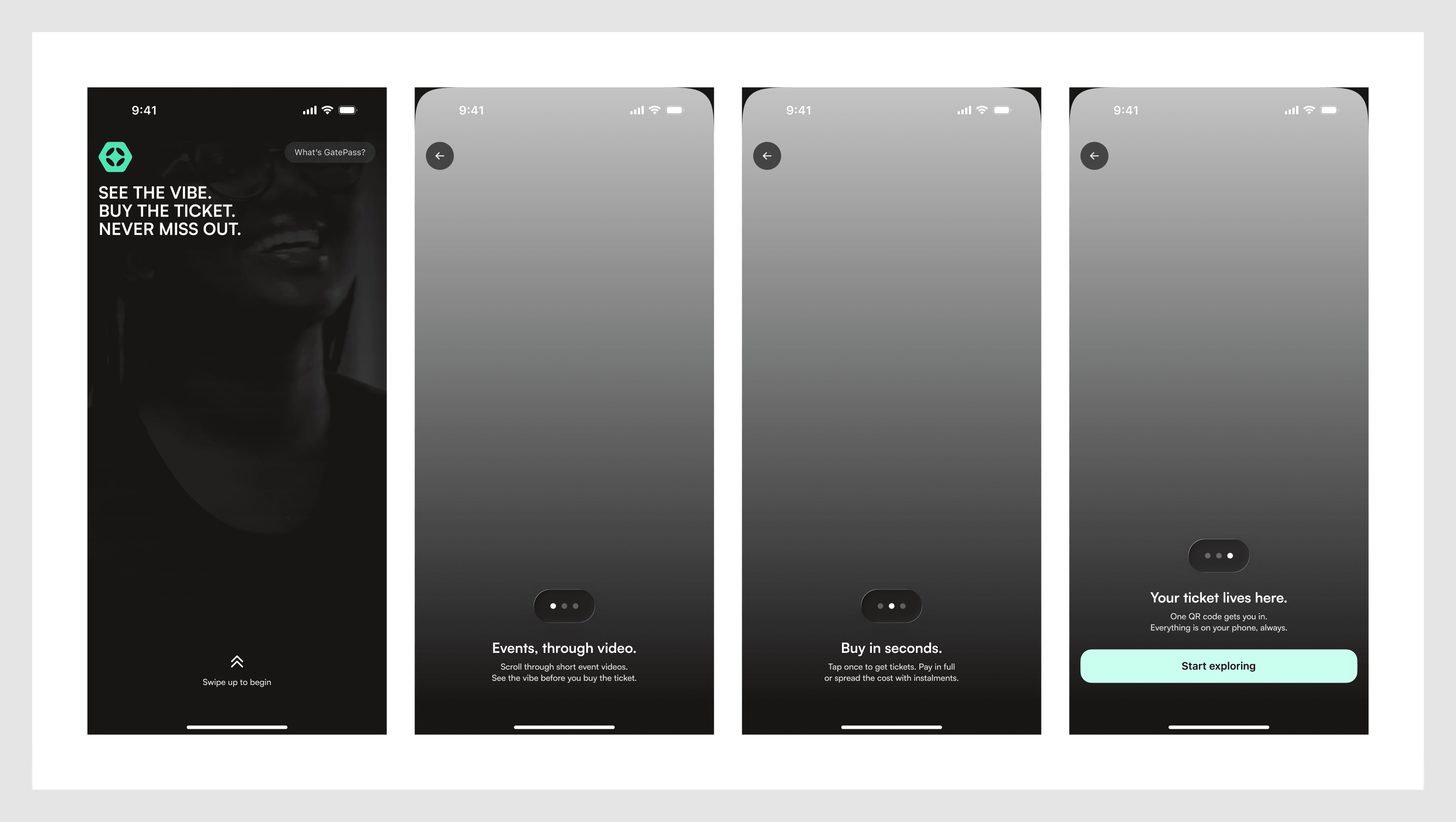 GatePass onboarding: splash and explainer carousel