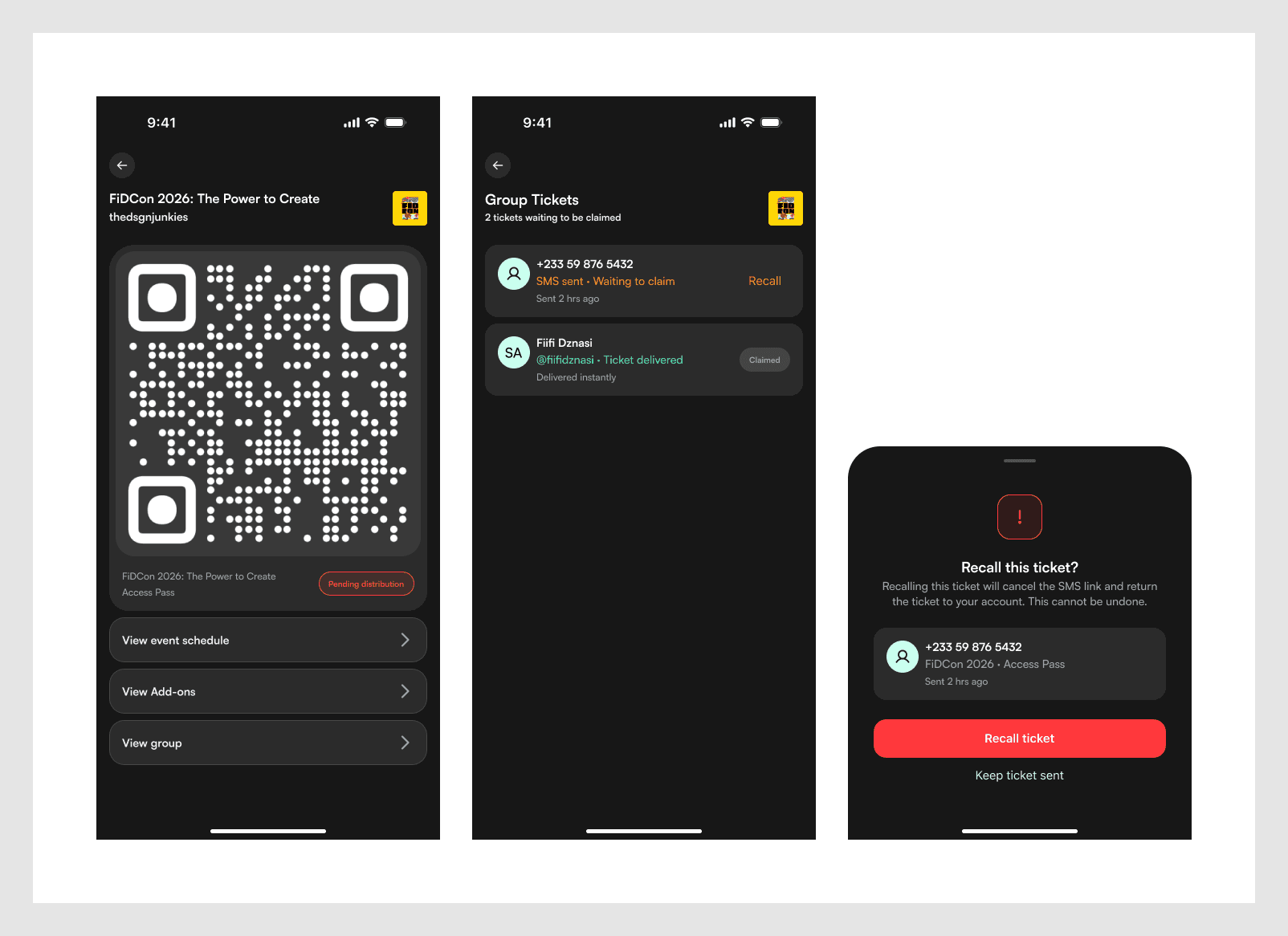 Group ticket distribution: recipient assignment and pending state