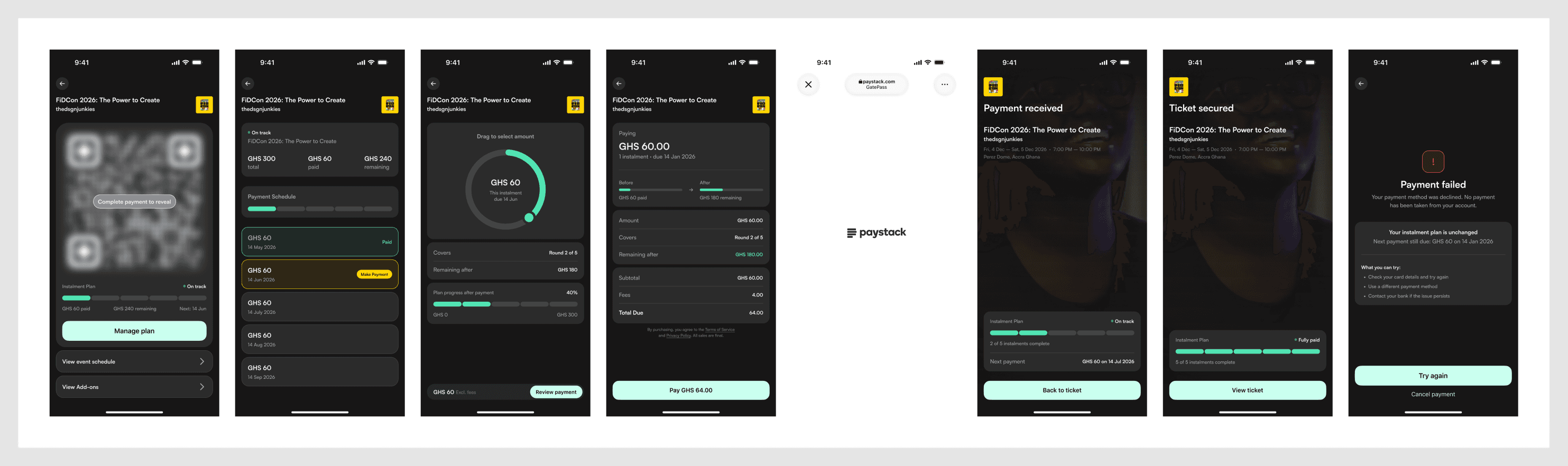 Instalment flow: amount selection dial, payment schedule, and confirmation states