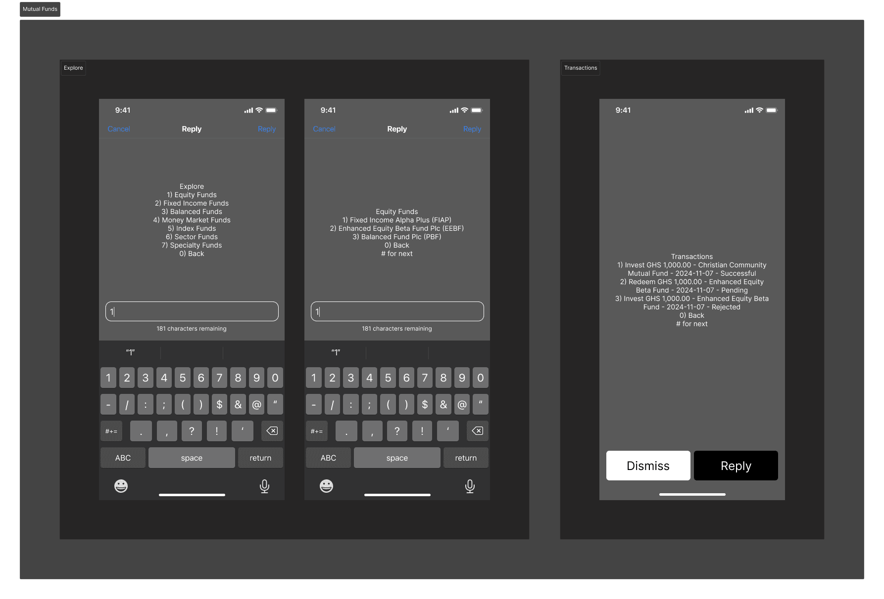 the Explore menu and the paginated Transactions screen side by side.