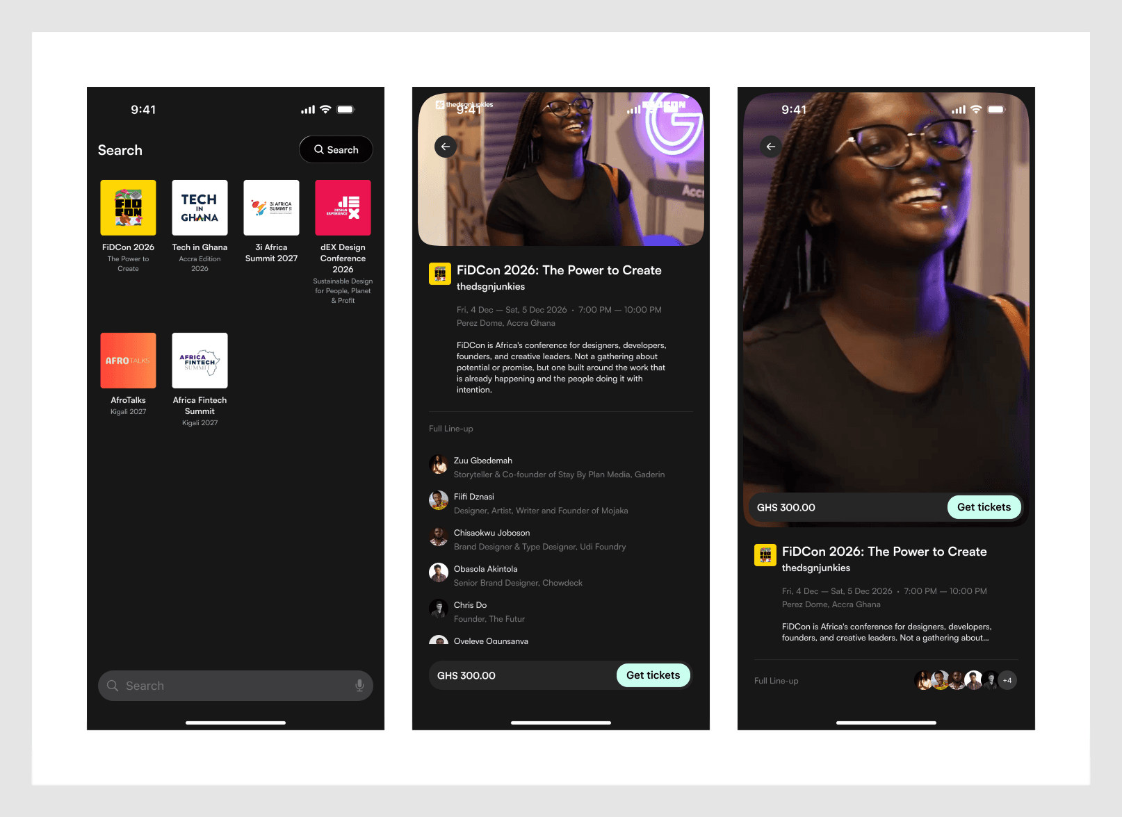 Browse and search: category grid and event detail