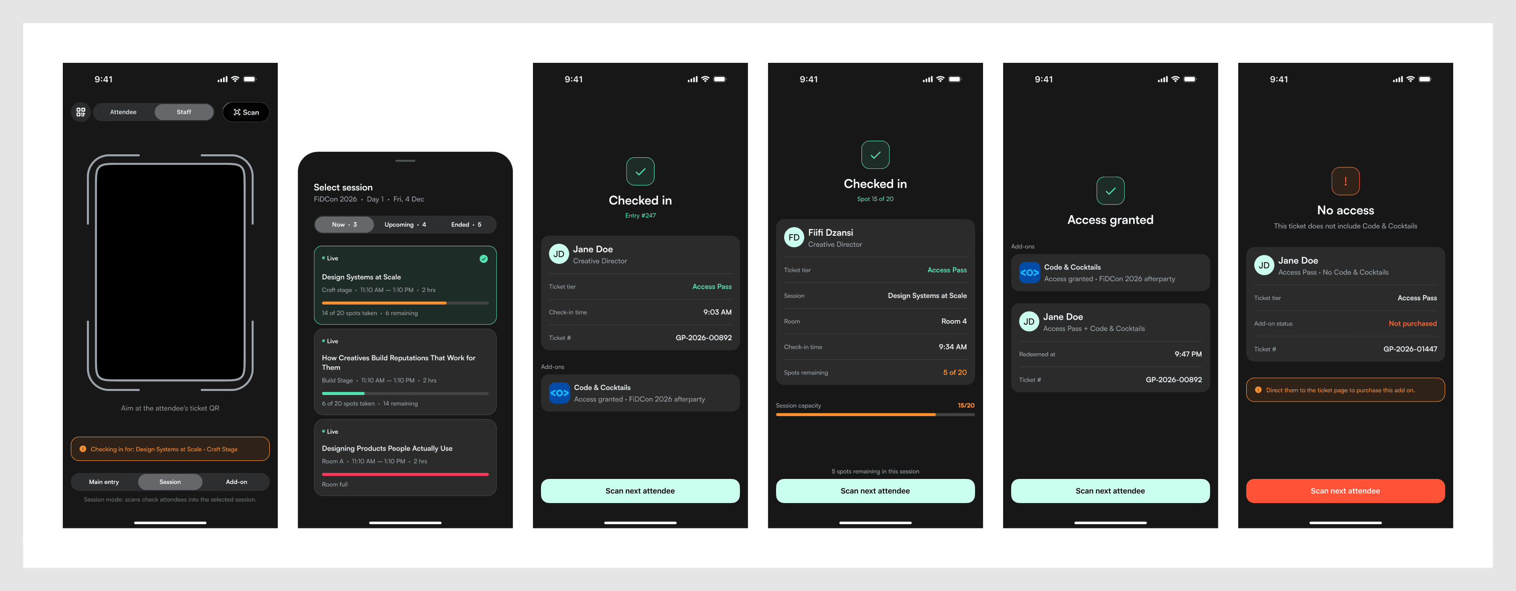 Scan, staff mode: session selector and check-in/add-on results
