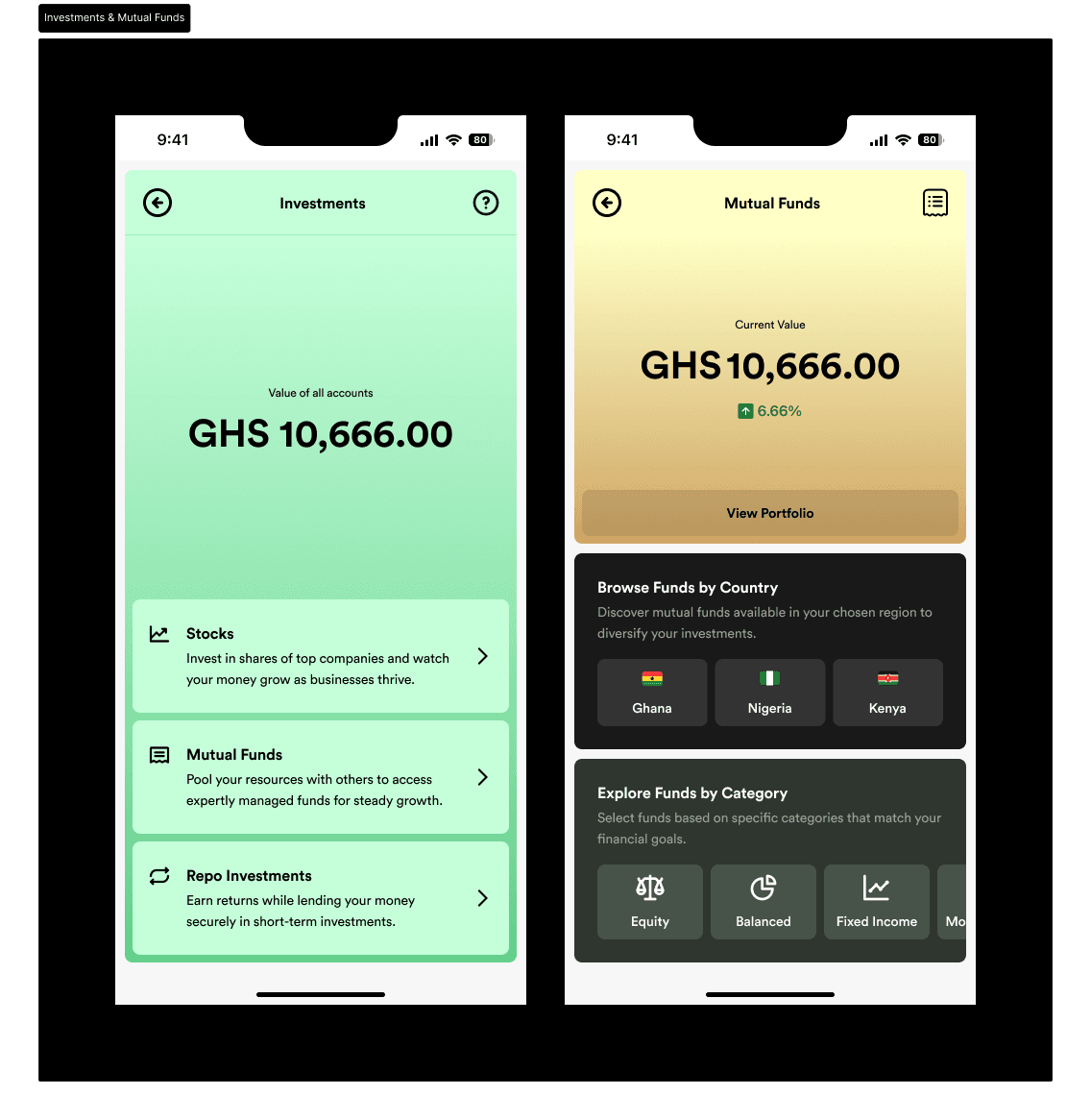 the Investments hub and the Mutual Funds home screen.