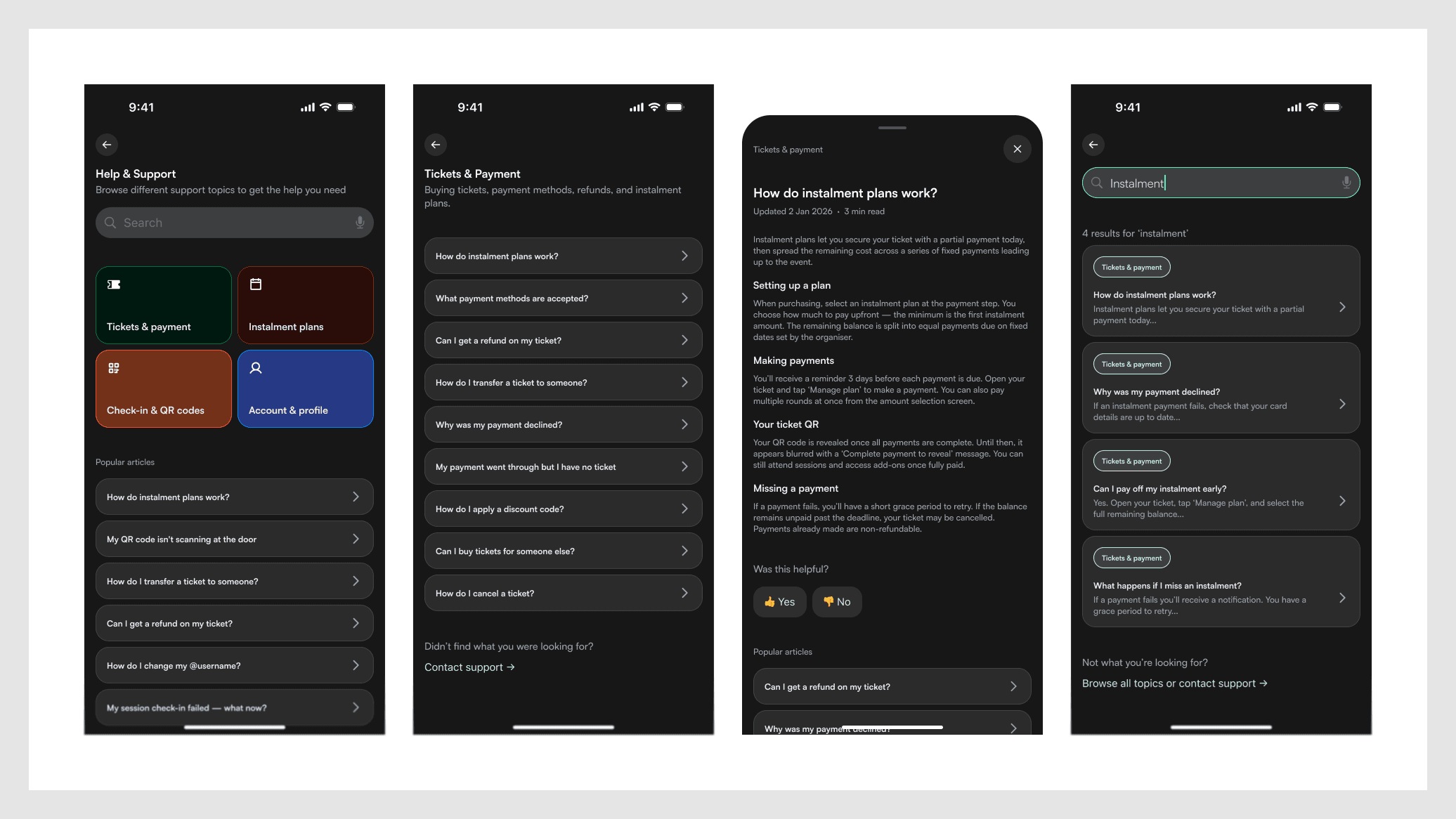 Help & Support: article browsing, search, and in-app article view