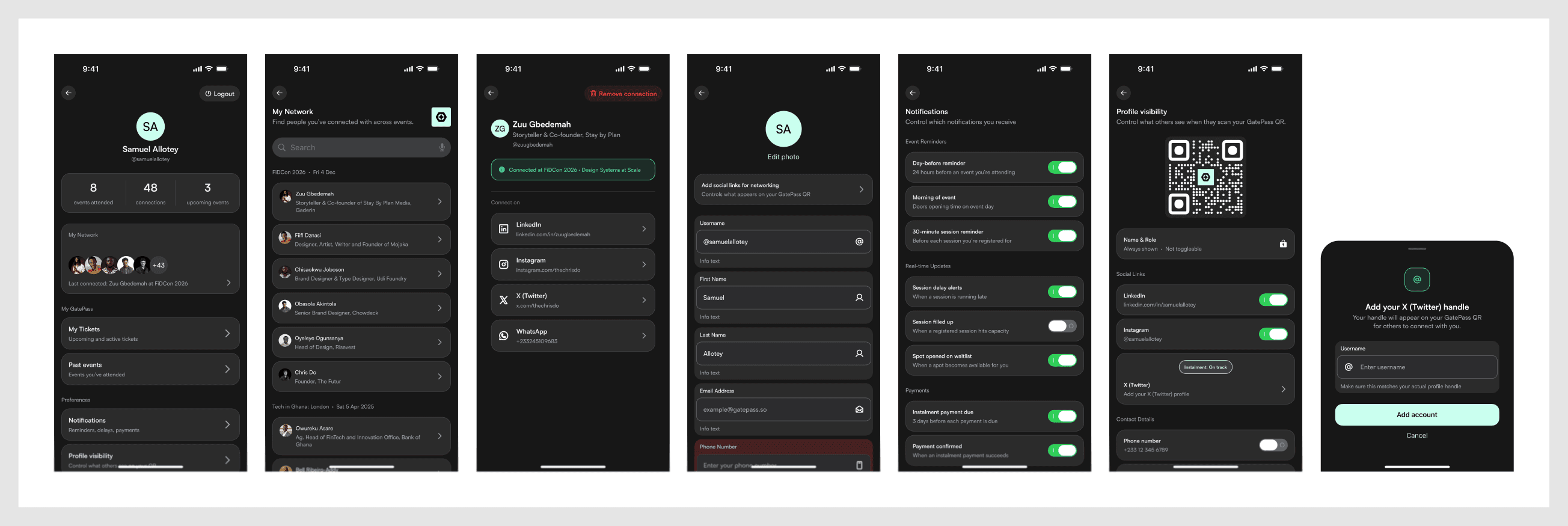 Profile, network, account settings, and the @username system