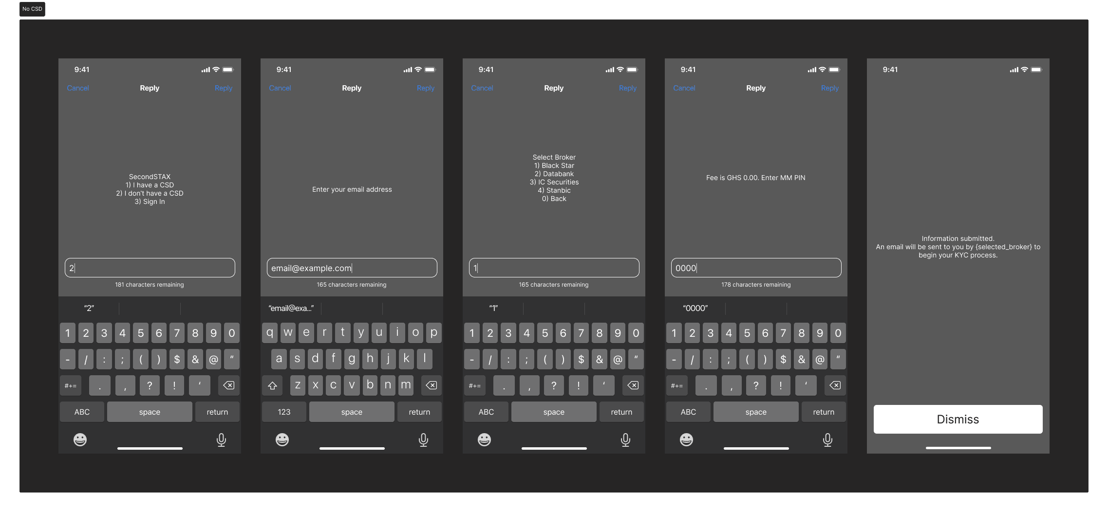 the CSD fork and the broker selection path, ending on the KYC handoff message.