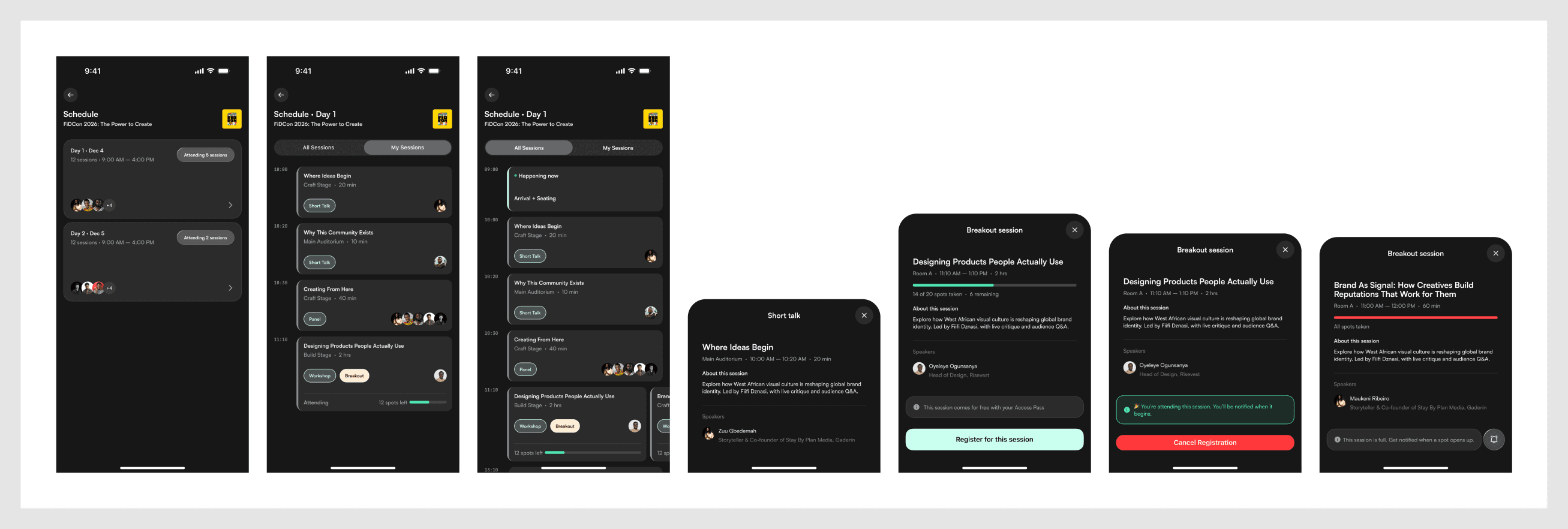 Schedule: day selector, session list, and registration sheet
